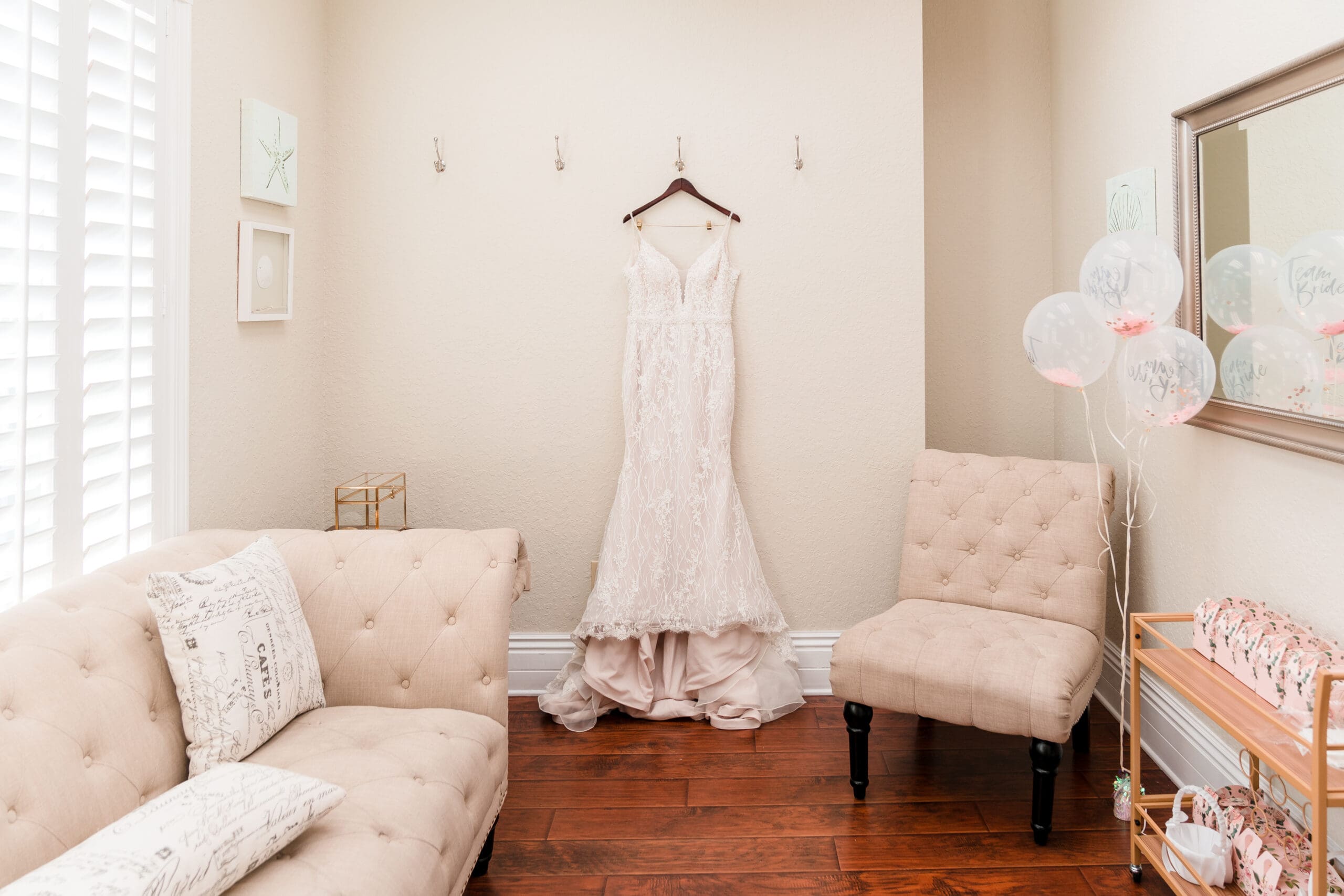 Wedding dress hanging in the bridal suite at the Crystal Ballroom