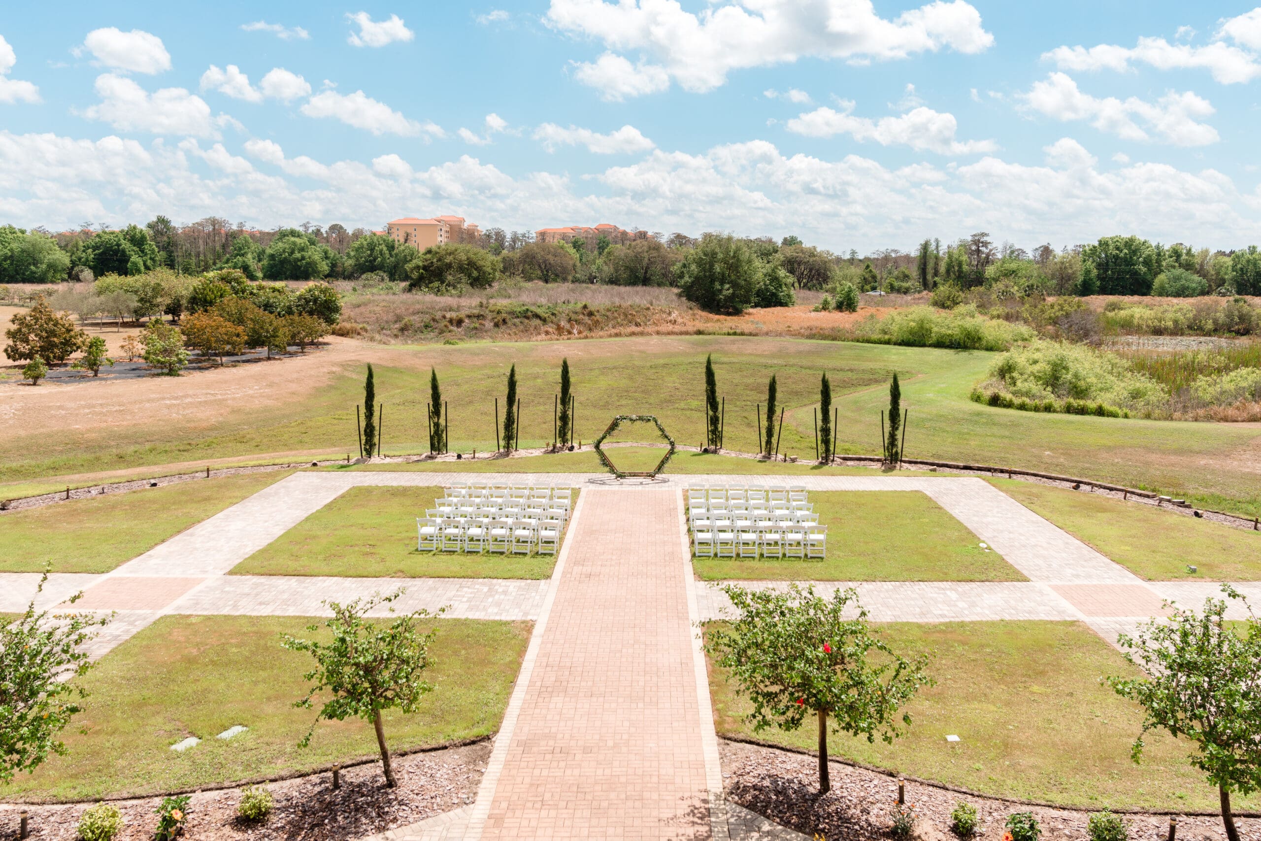 Aerial view of the outdoor wedding altar at Island Grove Recreational Center.
