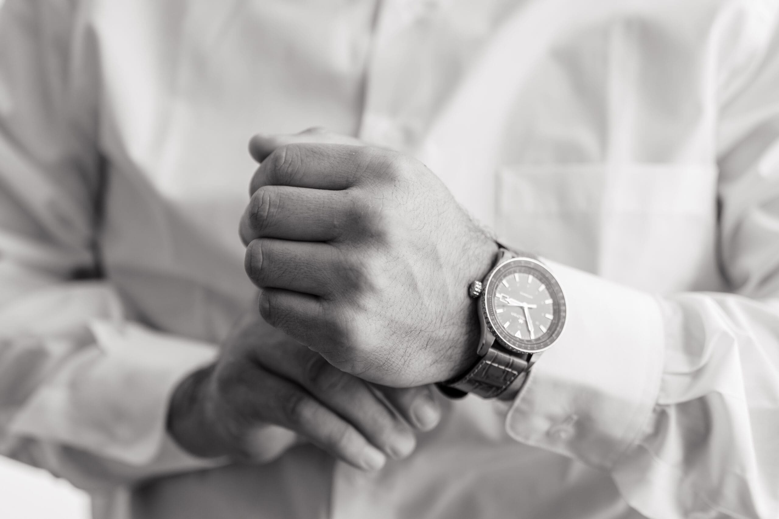 Close-Up of Carlos's Watch in Black and White