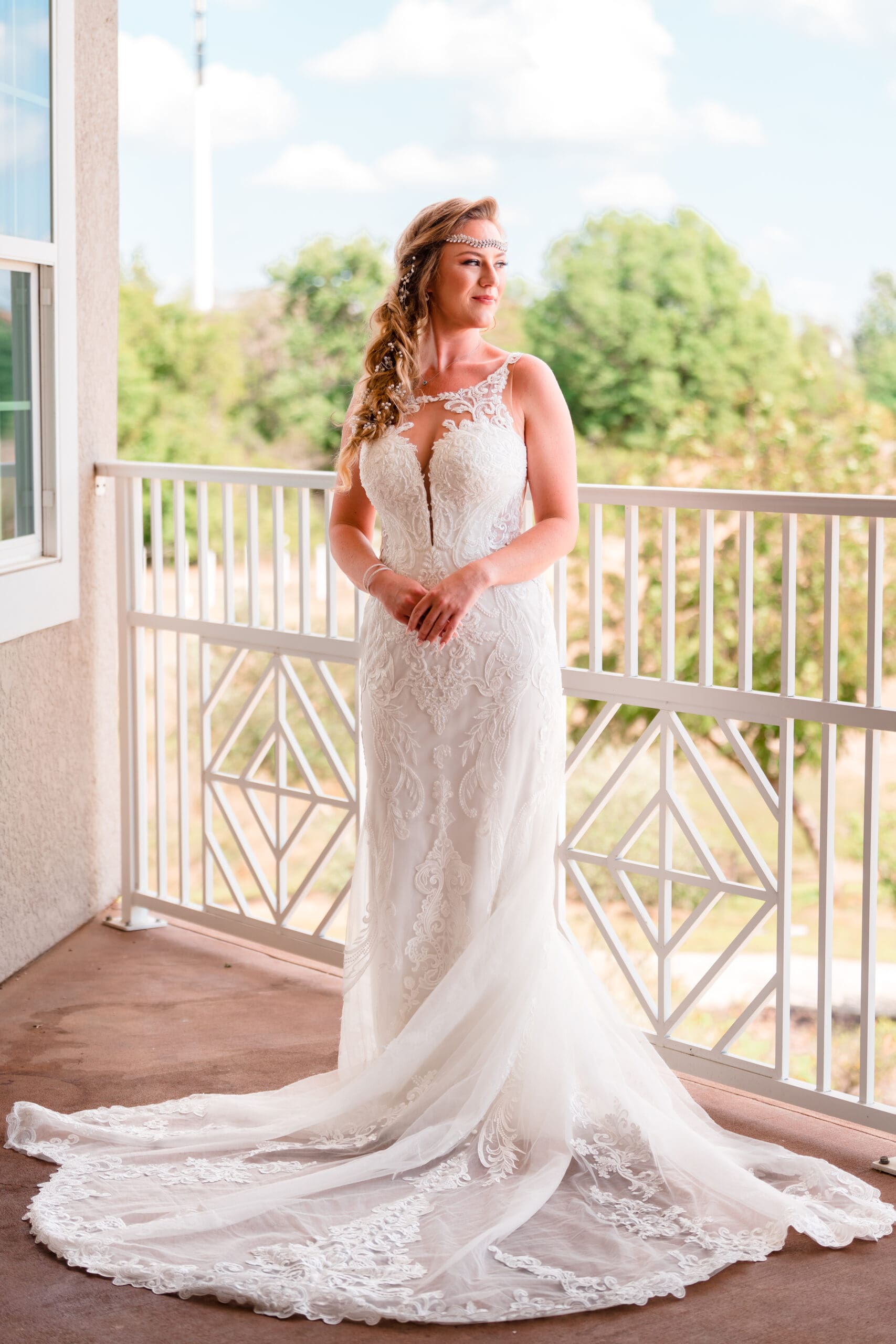 Kristen Standing on Balcony of Island Grove Recreation Center, Ready for Wedding