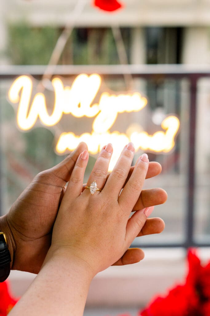 Close-up of engagement ring during Downtown Orlando proposal